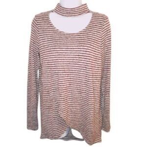 White Birch Stripe Choker Top Cutout Long Sleeve Wrap Burgundy Gray S